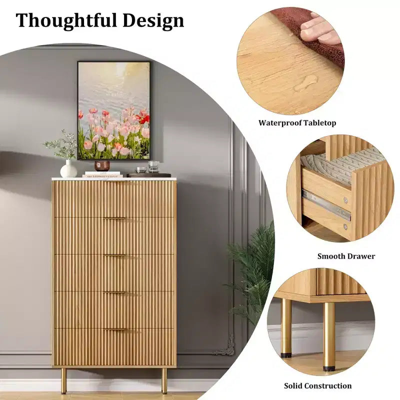 Commode blanche / marbre et bois à 5 tiroirs - panneau cannelé, pour 1 personne