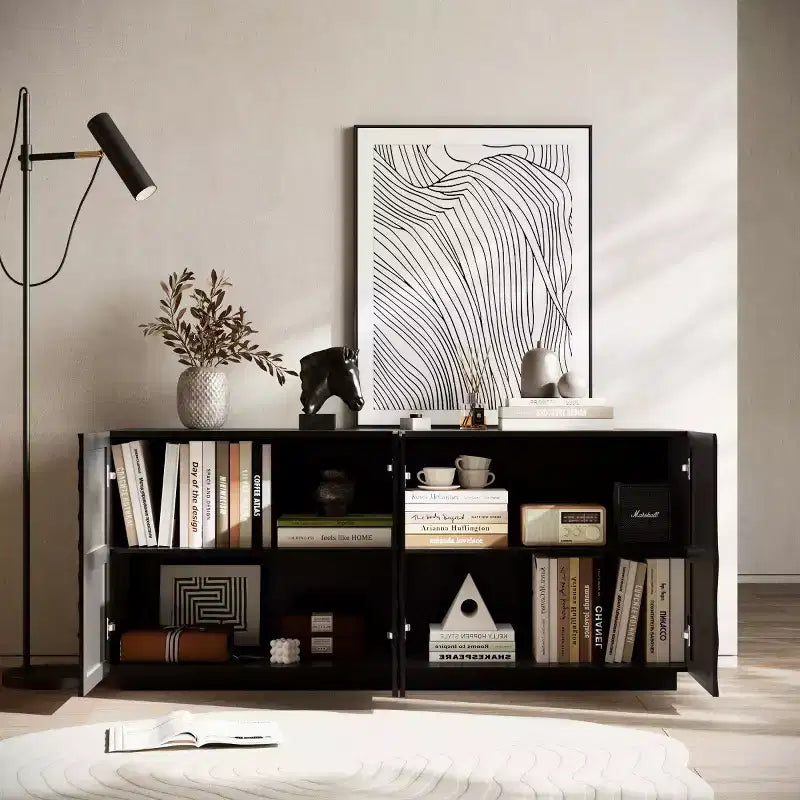 59 moderner Spiralen-Sideboard-Schrank, niedriges dekoratives Aufbewahrungsmöbel für den Eingangsbereich mit Türen in 3D-Wellenoptik