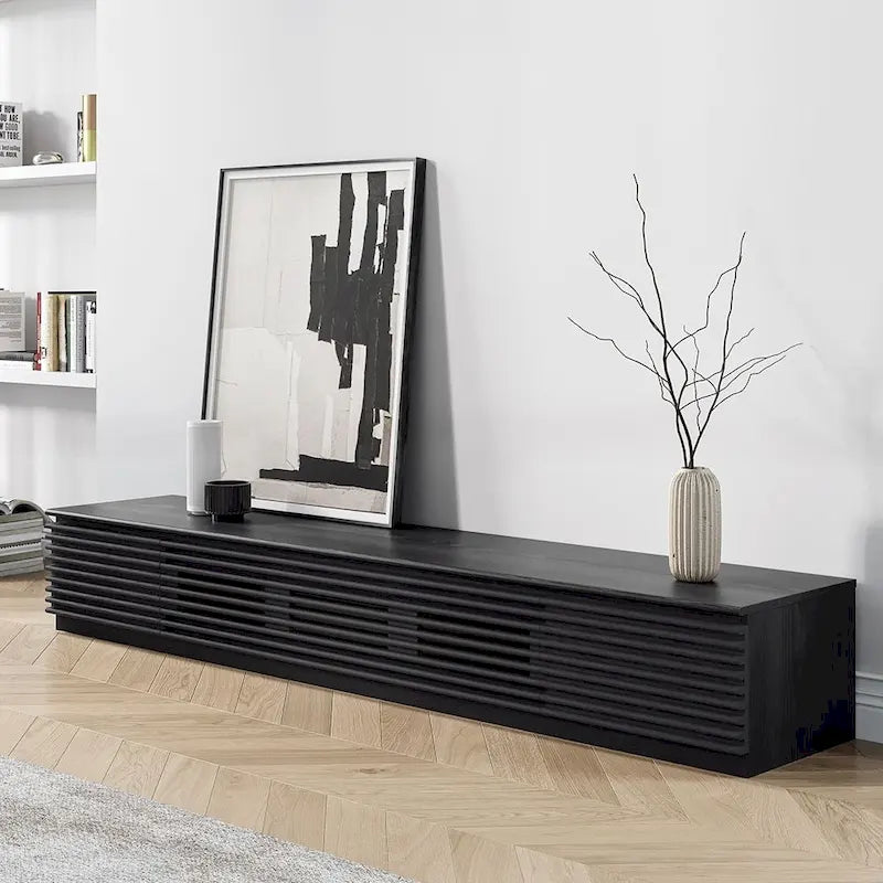 Minimalistische tv-meubel met laden, mediaconsole van massief hout met kasten, neerklapbare deur, walnootfineer, volledig gemonteerd