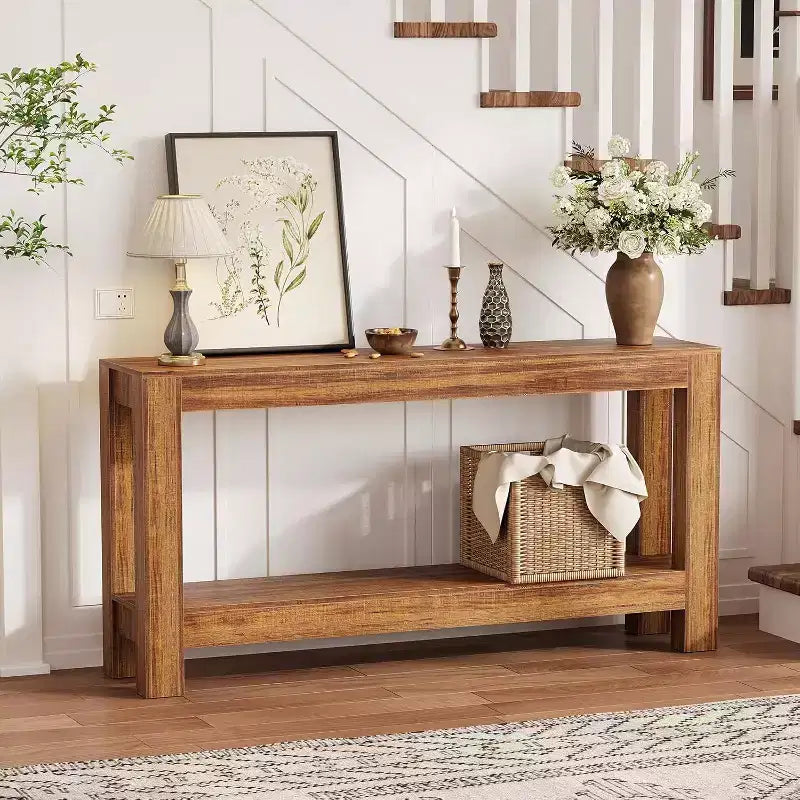 63 inch smalle houten haltafel met 2 laden voor woonkamer, gang of entree, decoratieve opberghaltafel