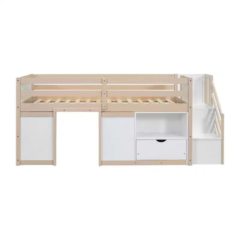 Lit mezzanine simple Okak en bois massif avec escalier et rangement, lit superposé simple bas avec tiroirs et étagères, lit mezzanine multifonctionnel pour enfants et adolescents