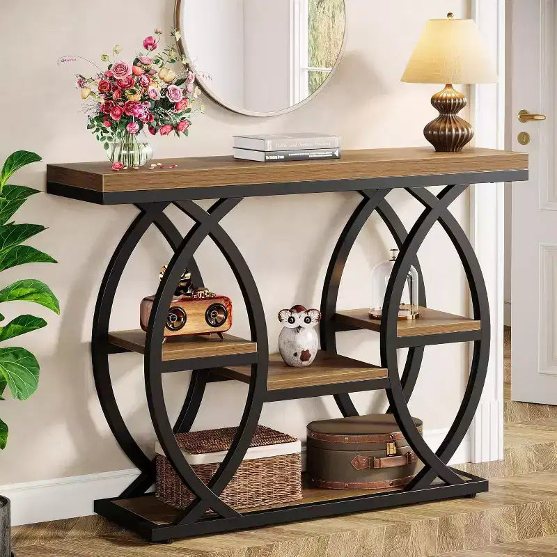 Tavolo consolle Lantine da 39,4", tavolo industriale a 4 livelli per divano e ingresso con ripiani portaoggetti e struttura in metallo per piccoli spazi, corridoio, ingresso, marrone
