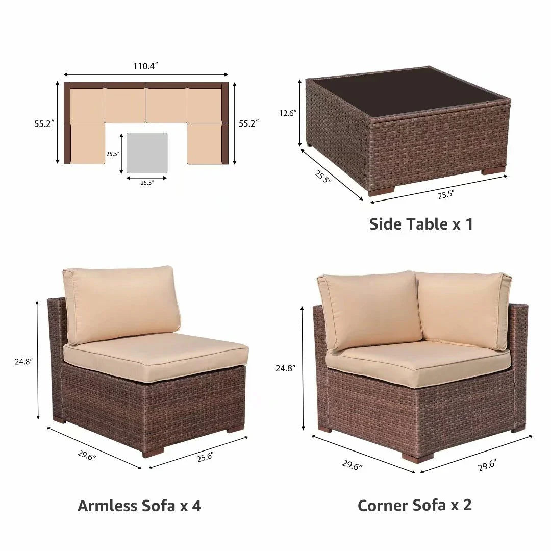 7-delige outdoor loungeset van vlechtwerk en staal met kussens