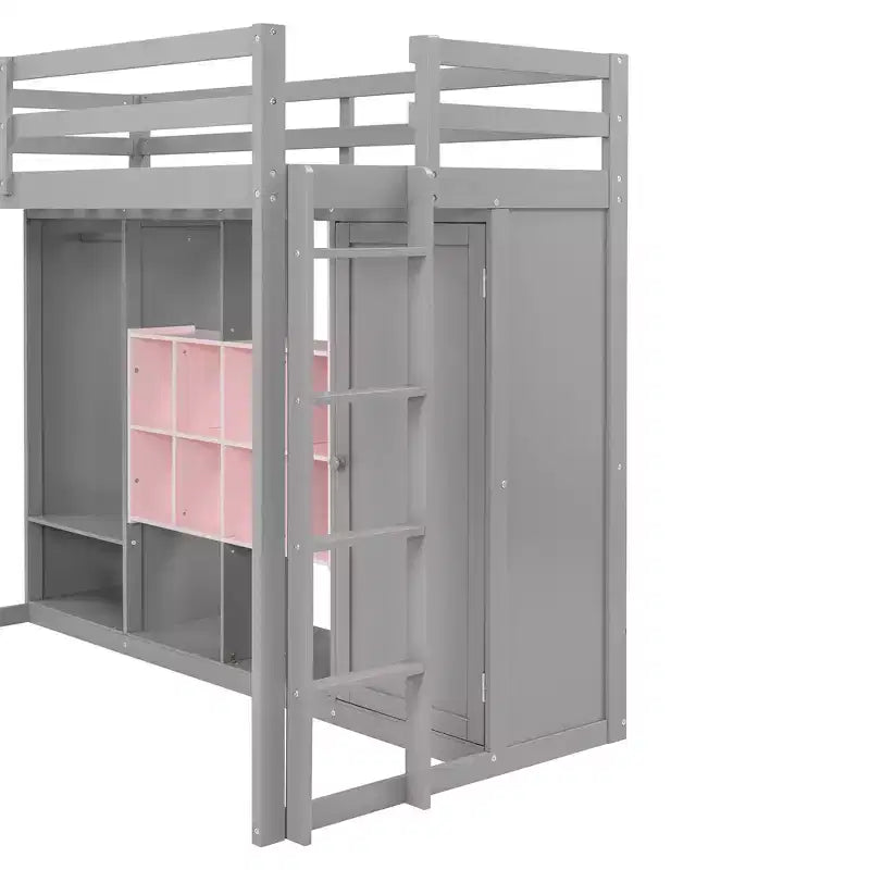 Kinderhoogslaper met kledingkast en planken, houten hoogslaperframe met opbergkast voor kinderen en tieners