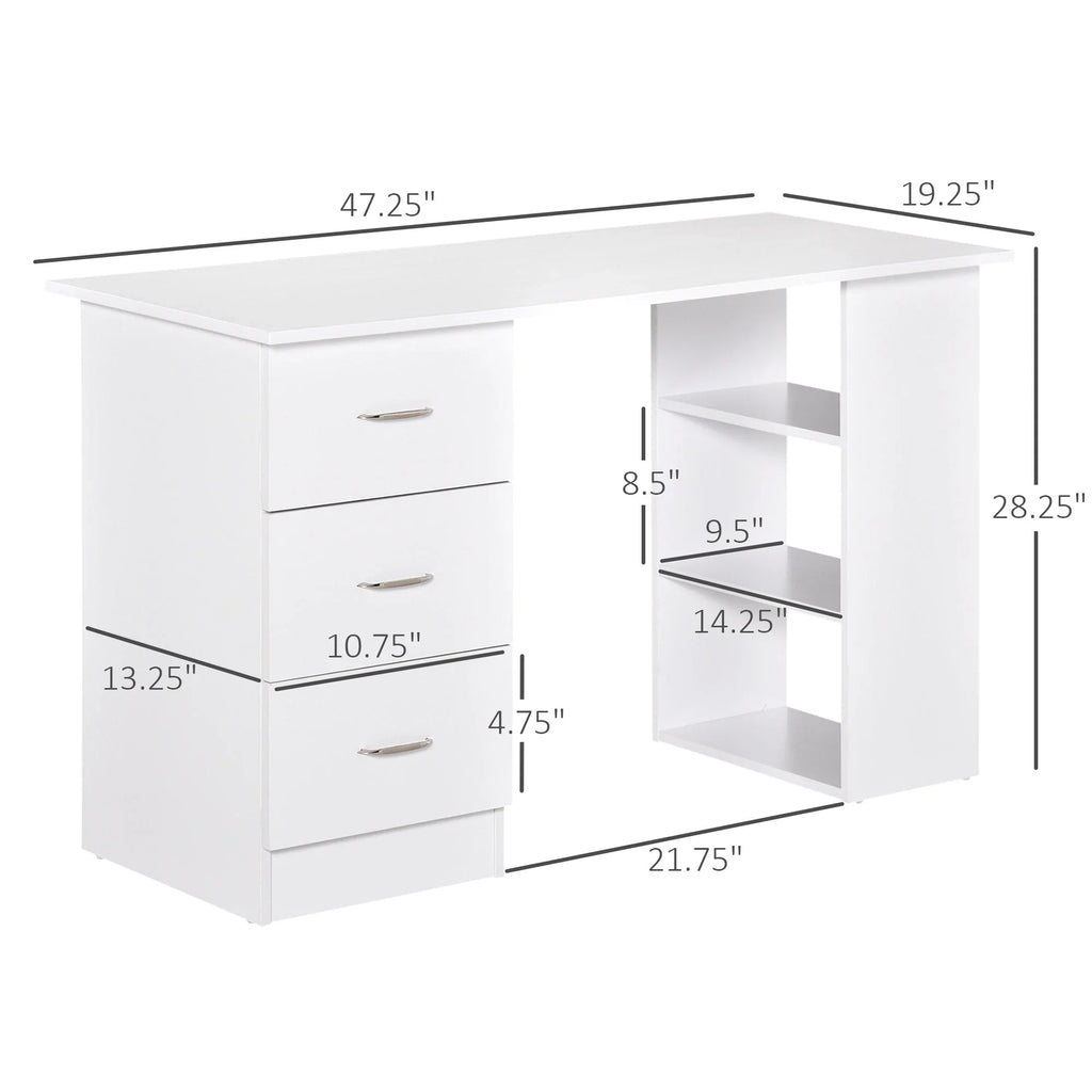 Bureau informatique HOMCOM 47 pour bureau à domicile, combinaison bibliothèque, table d’écriture et poste de travail moderne avec 3 tiroirs et étagère de rangement — blanc
