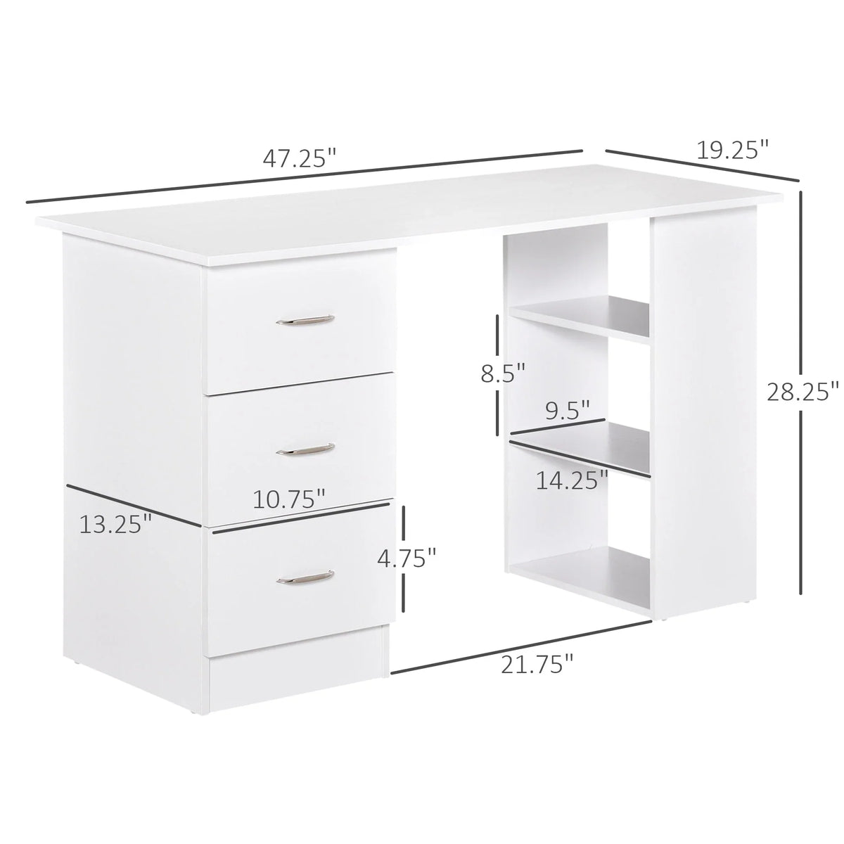 Bureau informatique HOMCOM 47 pour bureau à domicile, combinaison bibliothèque, table d’écriture et poste de travail moderne avec 3 tiroirs et étagère de rangement — blanc