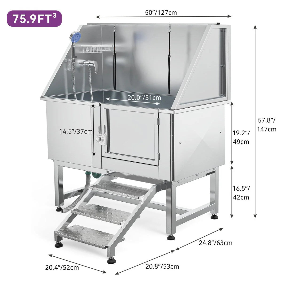 50″ W höhenverstellbare Edelstahl-Pflegetrumanne für Haustiere mit Stufenrampe