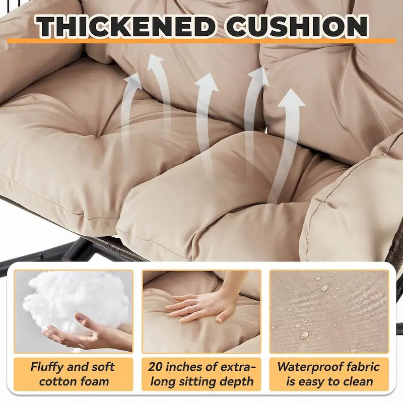 Outdoor-Schaukelsofa für zwei mit Gestell, faltbarer Hängesessel, Hängemattenkissen und Sonnendach, doppelter Eiersessel – Beige