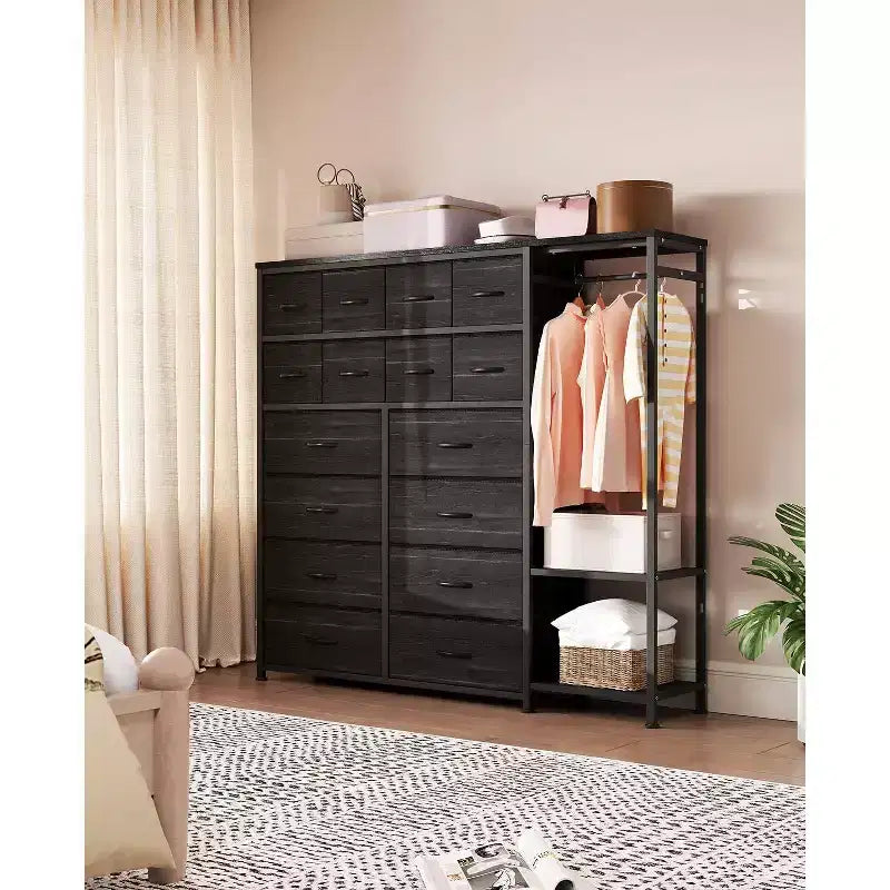 Commode avec 16 tiroirs, tringle et étagères, organisateur de rangement en tissu pour chambre, dressing ou entrée
