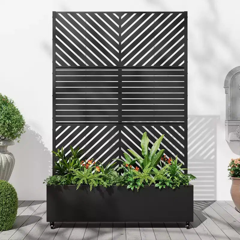 Jardinière MAYEERTY avec treillis, fer noir, lignes parallèles 01, style classique à persiennes combiné, 72x47x16 po, ensemble de 3 pièces