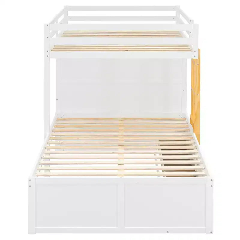Stapelbed met twee volledige bedden, opbergkast en laden, houten ruimtebesparend stapelbed van volledig formaat met veiligheidshekje voor appartement of slaapkamer