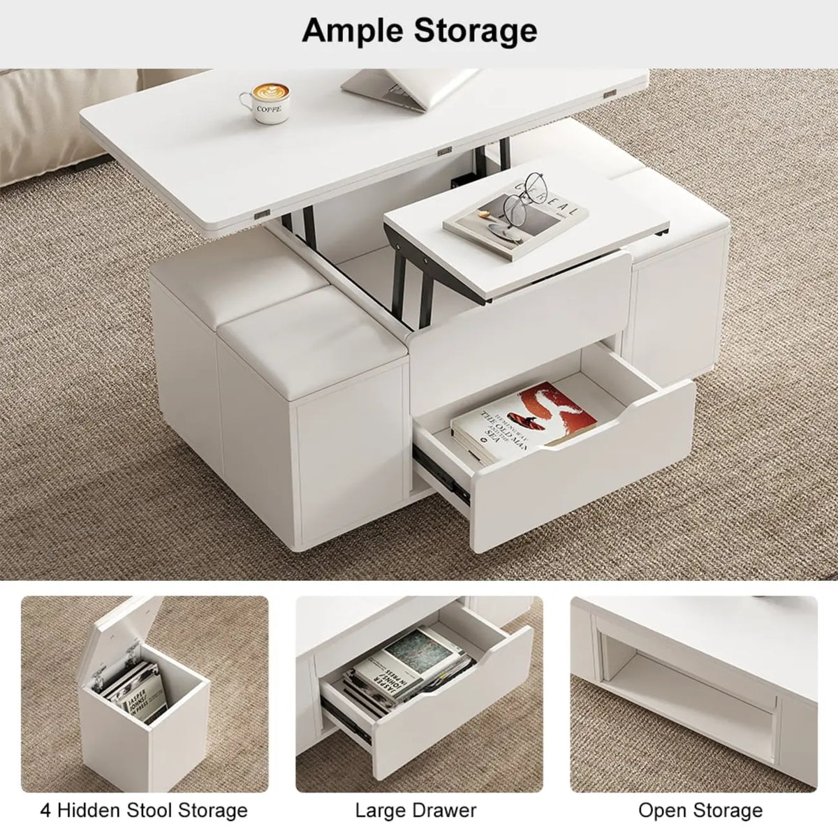 Table basse pliable à plateau relevable avec 4 tabourets et espace de rangement