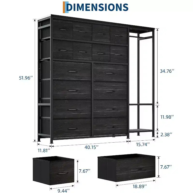 Commode avec 16 tiroirs, tringle et étagères, organisateur de rangement en tissu pour chambre, dressing ou entrée