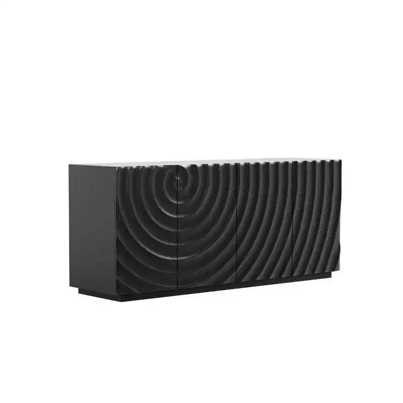 59 moderner Spiralen-Sideboard-Schrank, niedriges dekoratives Aufbewahrungsmöbel für den Eingangsbereich mit Türen in 3D-Wellenoptik