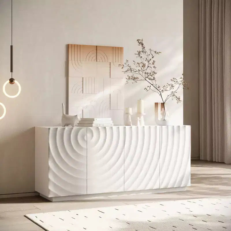 59 moderner Spiralen-Sideboard-Schrank, niedriges dekoratives Aufbewahrungsmöbel für den Eingangsbereich mit Türen in 3D-Wellenoptik