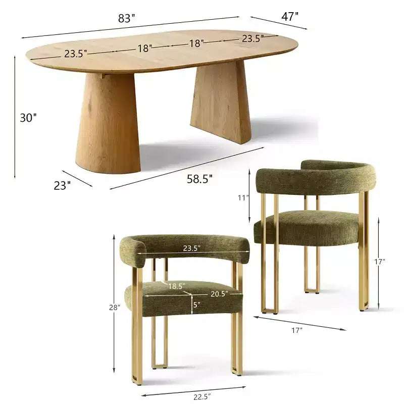 Uitbreidbare ronde tot ovale eettafelset met 4 fluwelen fauteuils, modern voetstukontwerp, geschikt voor maximaal 8 personen-Panipeachy