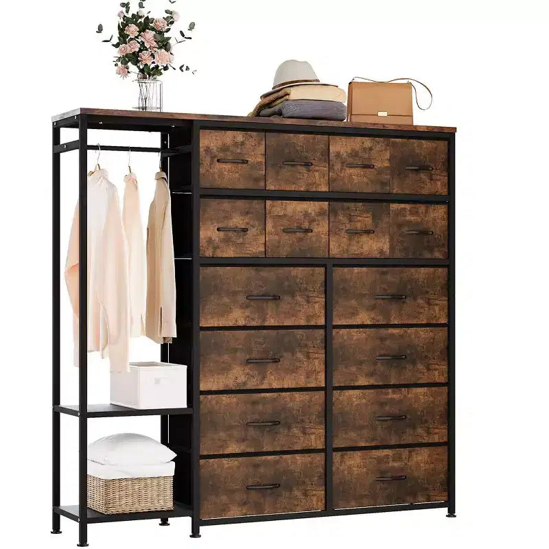 Commode avec 16 tiroirs, tringle et étagères, organisateur de rangement en tissu pour chambre, dressing ou entrée