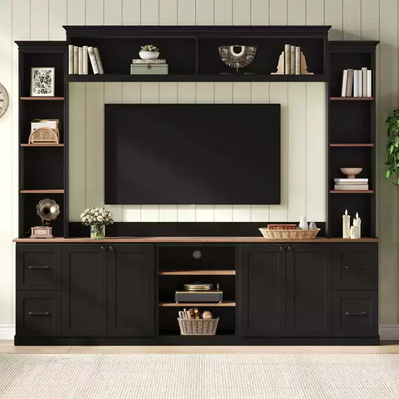 ModernLuxe 4-in-1-Farmhouse-Entertainment-Center als Wandeinheit, passend für Fernseher bis 70, TV-Ständer und Medienkonsole mit verstellbaren Regalen und Schubladen