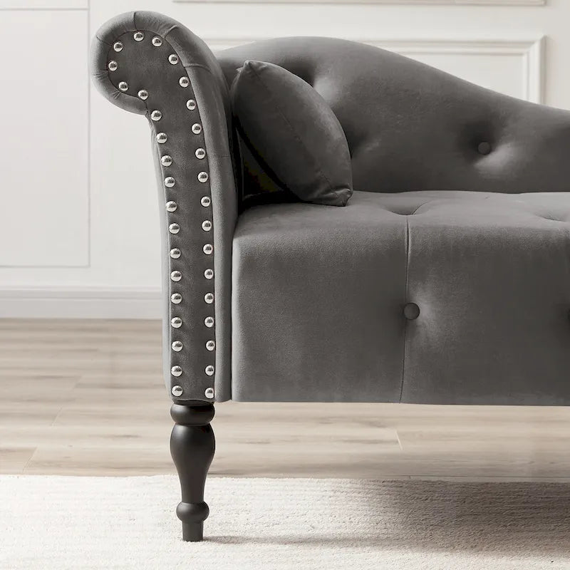 Chaise longue moderne de 60,6 po, revêtement en velours, boutons capitonnés, pieds en bois massif et clous décoratifs