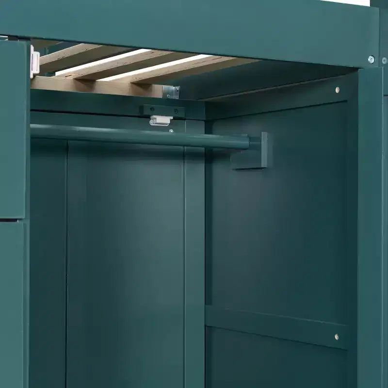 Stapelbed met twee volledige bedden, opbergkast en laden, houten ruimtebesparend stapelbed van volledig formaat met veiligheidshekje voor appartement of slaapkamer