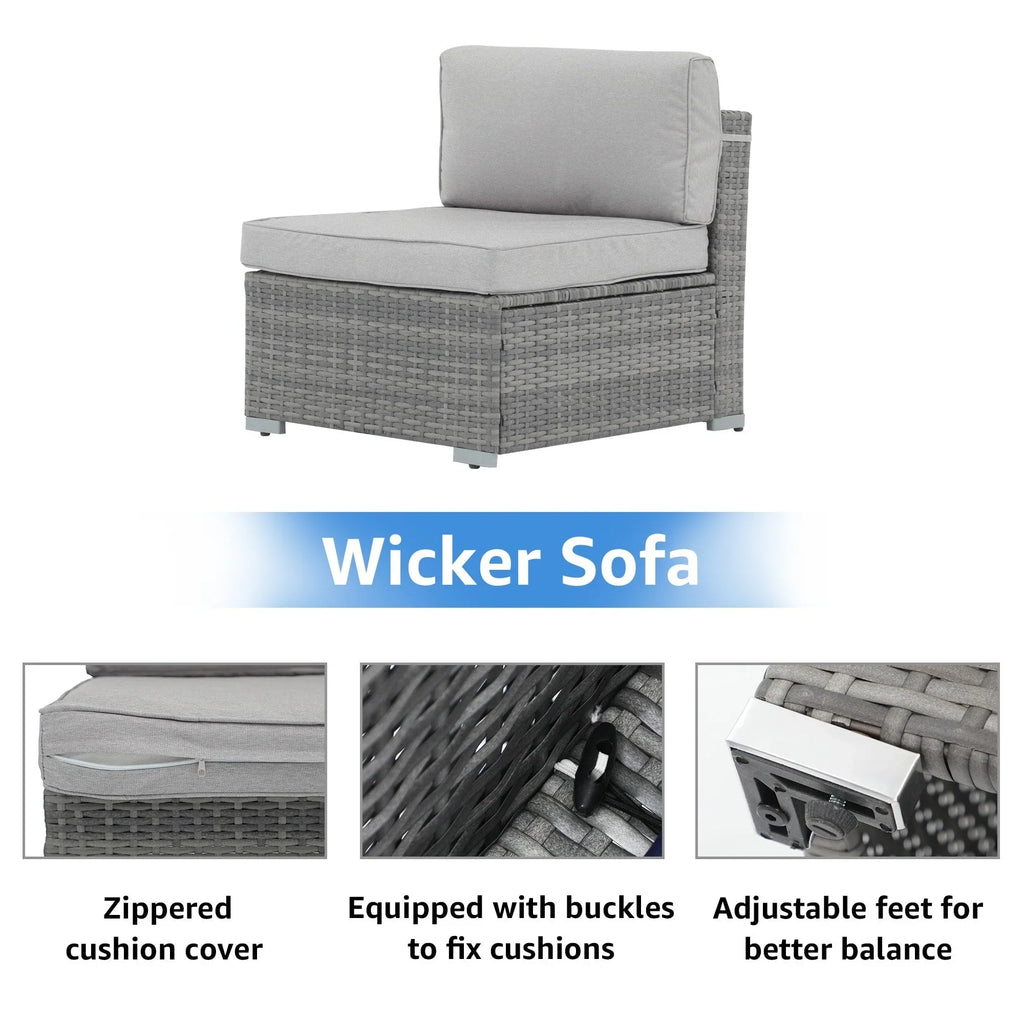 7-delige outdoor loungeset van vlechtwerk en staal met kussens