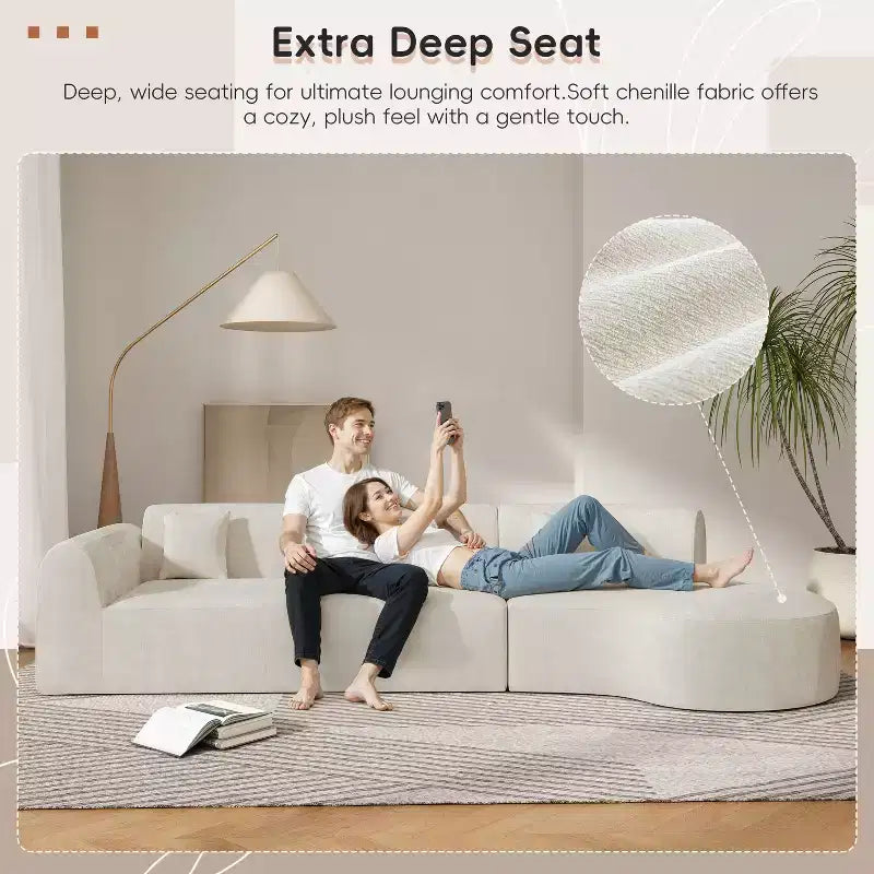 Moderne gebogen hoekbank van 140 inch met chaise longue, 3-delige set voor de woonkamer