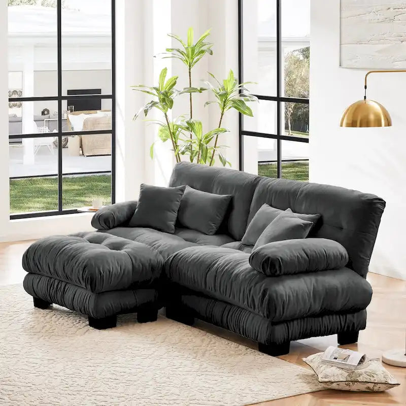 L-förmiges Zweisitzer-Sofa aus Chenille mit Lendenkissen