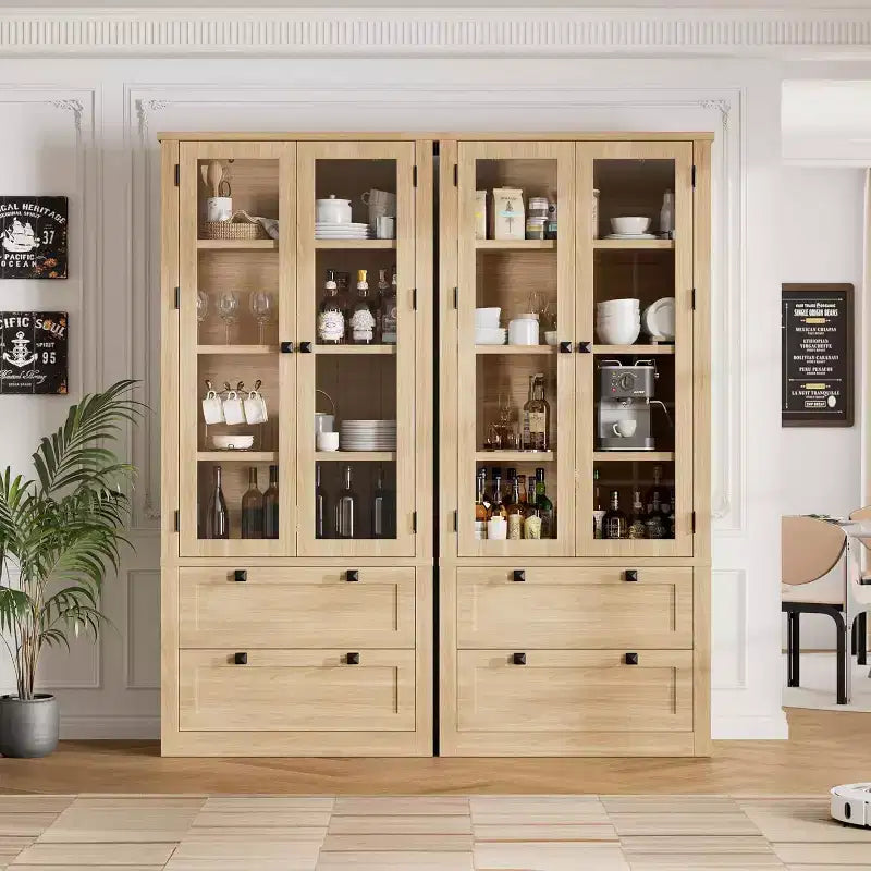 Armoire de rangement de cuisine style champêtre avec portes vitrées, meuble de rangement de 72 pouces avec tiroirs et étagères réglables pour la salle à manger, la salle de bains ou le salon