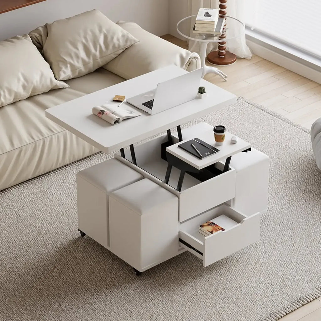 Table basse pliable à plateau relevable avec 4 tabourets et espace de rangement