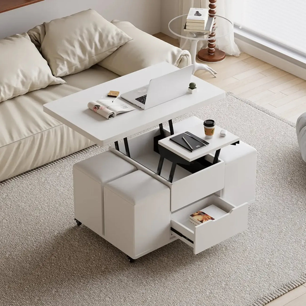Table basse pliable à plateau relevable avec 4 tabourets et espace de rangement