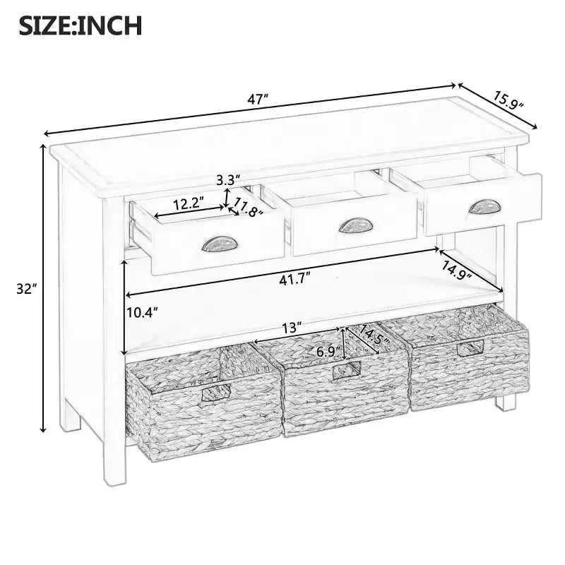 Haltafel voor de entree met opbergruimte, landelijke gangtafel met 3 laden en 3 manden van waterhyacint voor de woonkamer of hal - Panipeachy