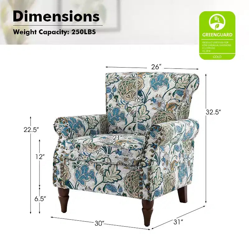 Sillón floral tradicional Araceli con estructura de madera, tapizado, respaldo alto con alas y acabado de tachuelas| ART OF LIVING DESIGNS