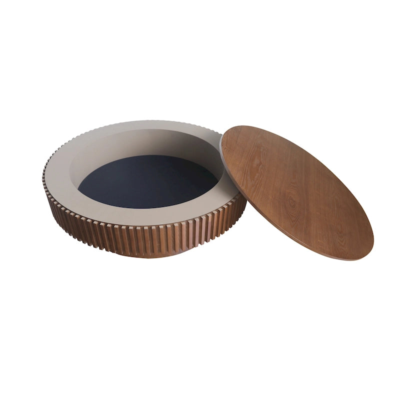 Table basse ronde moderne en bois massif plaqué avec rangement