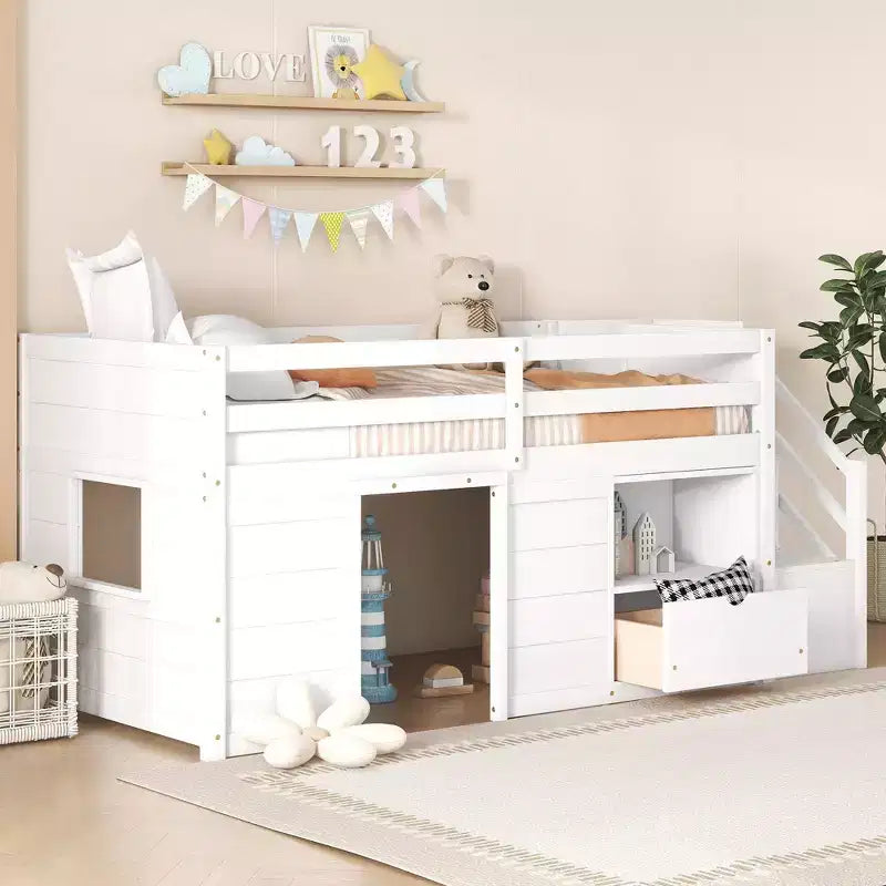 Lit mezzanine simple Okak en bois massif avec escalier et rangement, lit superposé simple bas avec tiroirs et étagères, lit mezzanine multifonctionnel pour enfants et adolescents
