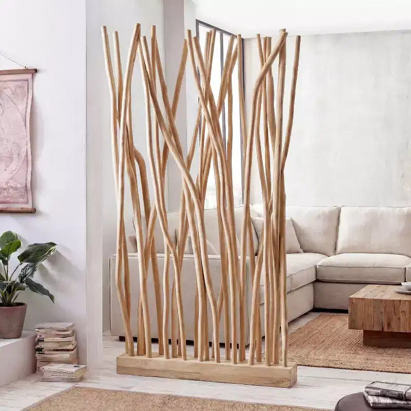 JONATHAN Y Tranquil, séparateur de pièce simple panneau en branches de teck fabriquées à la main, style bohème côtier, 39 l x 68 h
