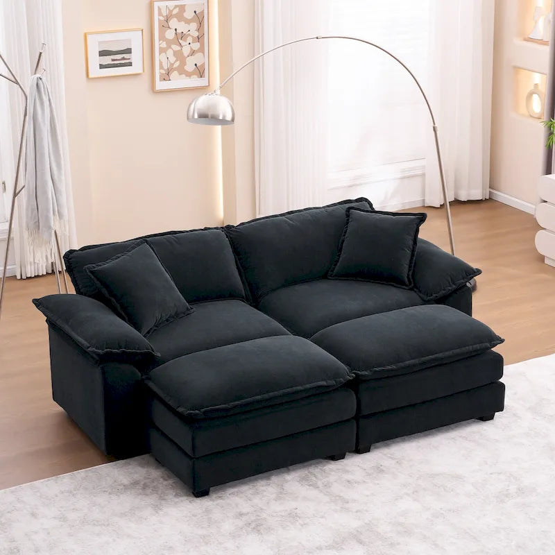 Zweisitzer-Sofa mit 2 Sitzkissen, 2 Kissen und 2 Hockern, bequemes Sofa – tiefes Wohnzimmer-Sofa, modulares Sofa