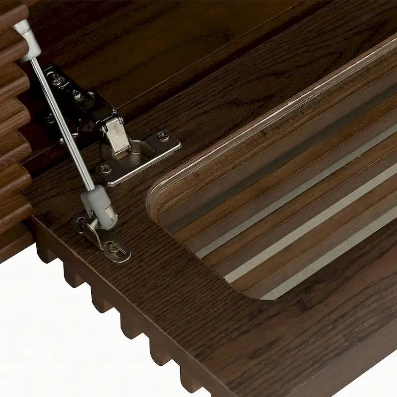 Minimalistische tv-meubel met laden, mediaconsole van massief hout met kasten, neerklapbare deur, walnootfineer, volledig gemonteerd