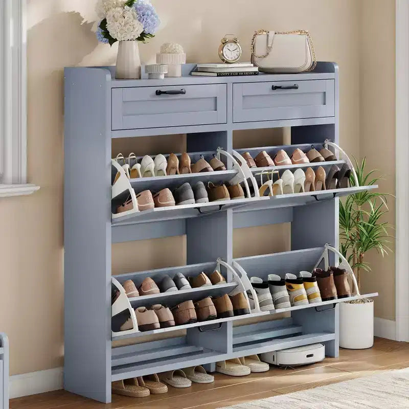 Szafka na buty z 4 uchylnymi szufladami i 2 górnymi szufladami, drewniana szafka-organizer na buty z regulowaną półką, wolnostojąca szafka do przechowywania obuwia