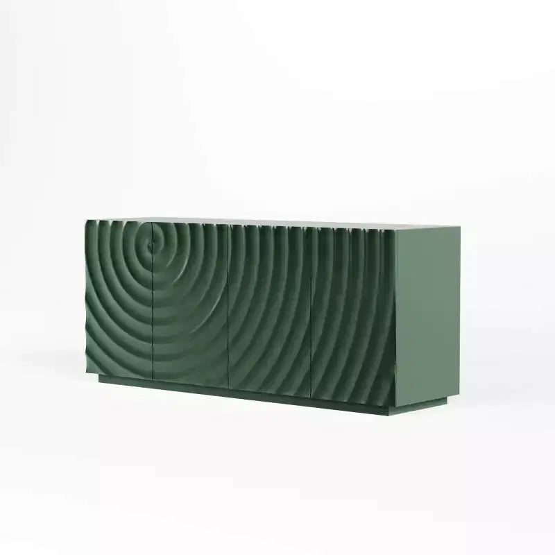 59 moderner Spiralen-Sideboard-Schrank, niedriges dekoratives Aufbewahrungsmöbel für den Eingangsbereich mit Türen in 3D-Wellenoptik