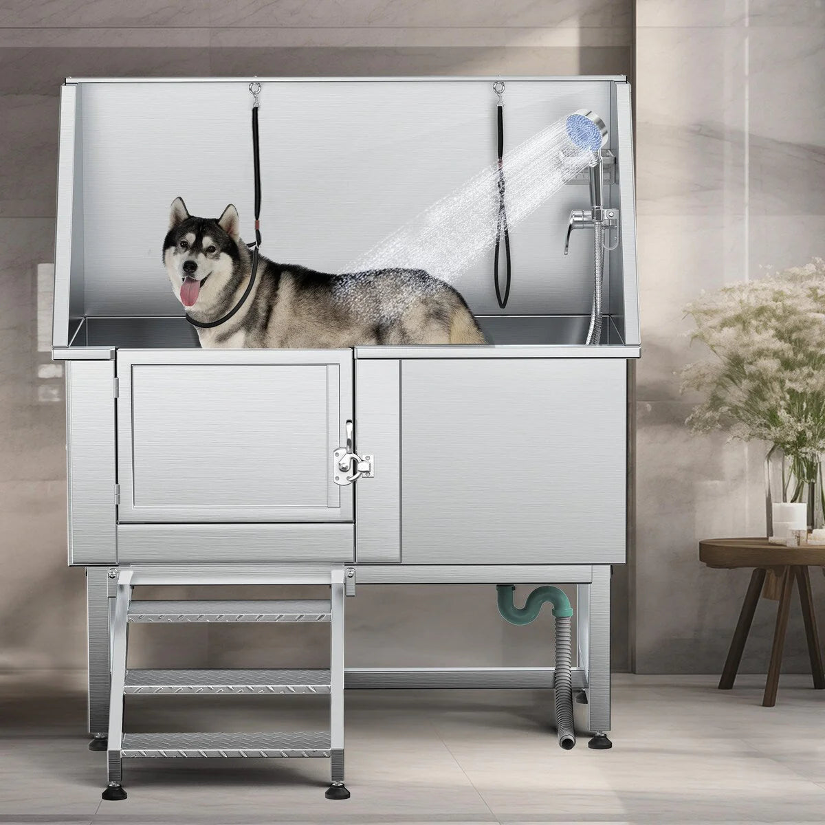 Vasca regolabile in acciaio inox da 50" W per toelettatura degli animali domestici con rampa a gradini