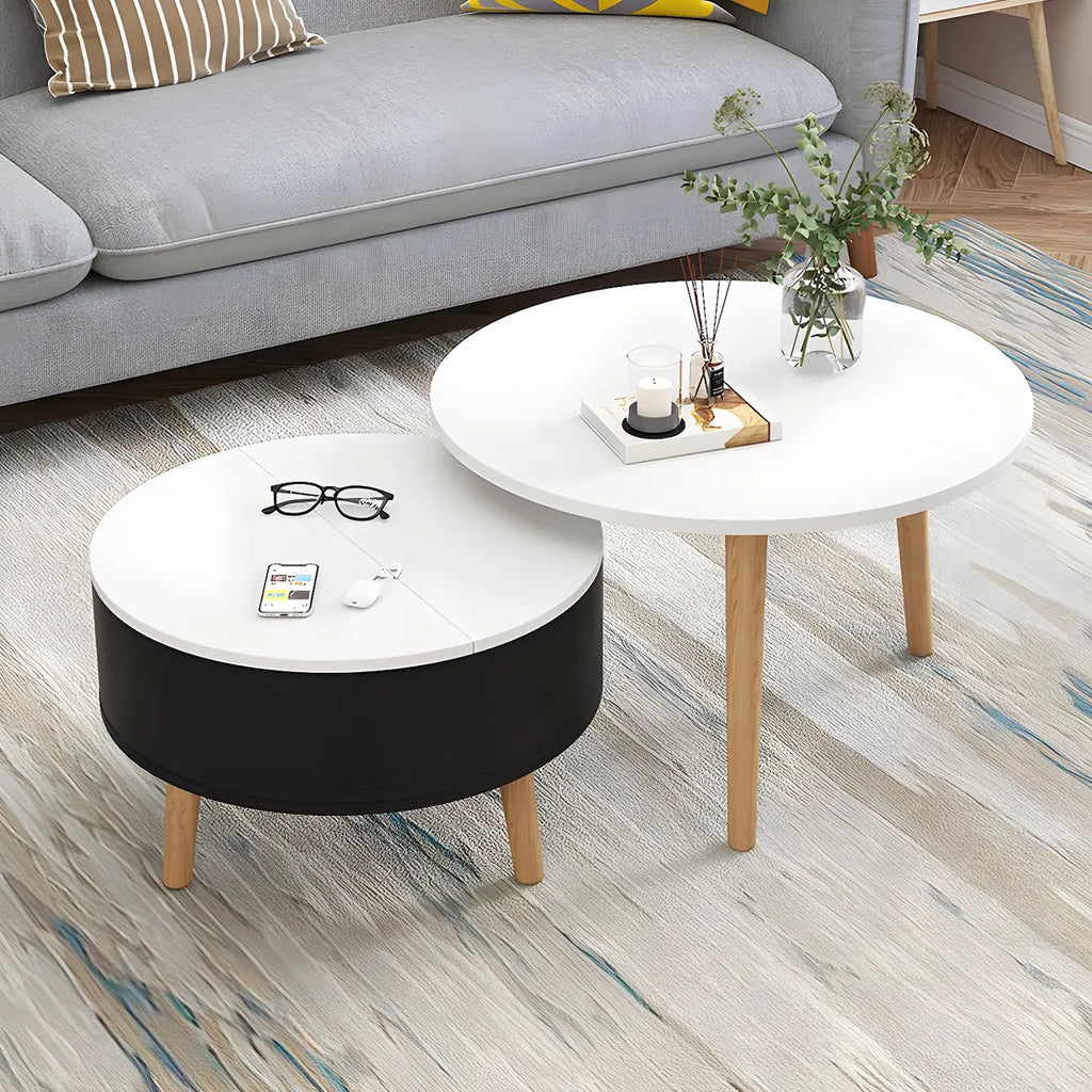 Moderne ronde houten salontafel in zwart en wit met opbergruimte