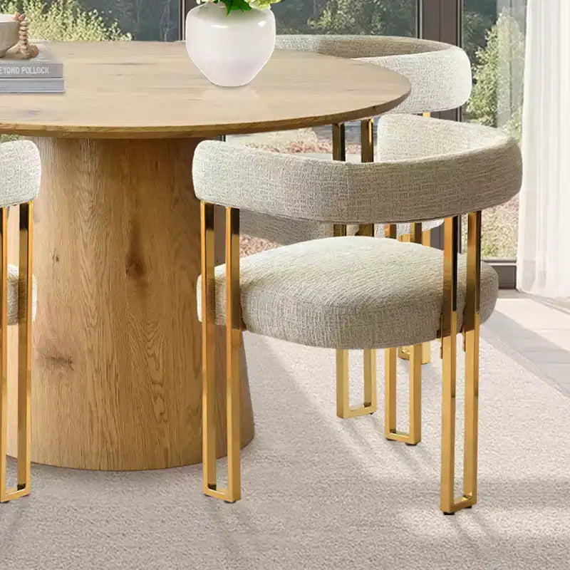 Uitbreidbare ronde tot ovale eettafelset met 4 fluwelen fauteuils, modern voetstukontwerp, geschikt voor maximaal 8 personen-Panipeachy