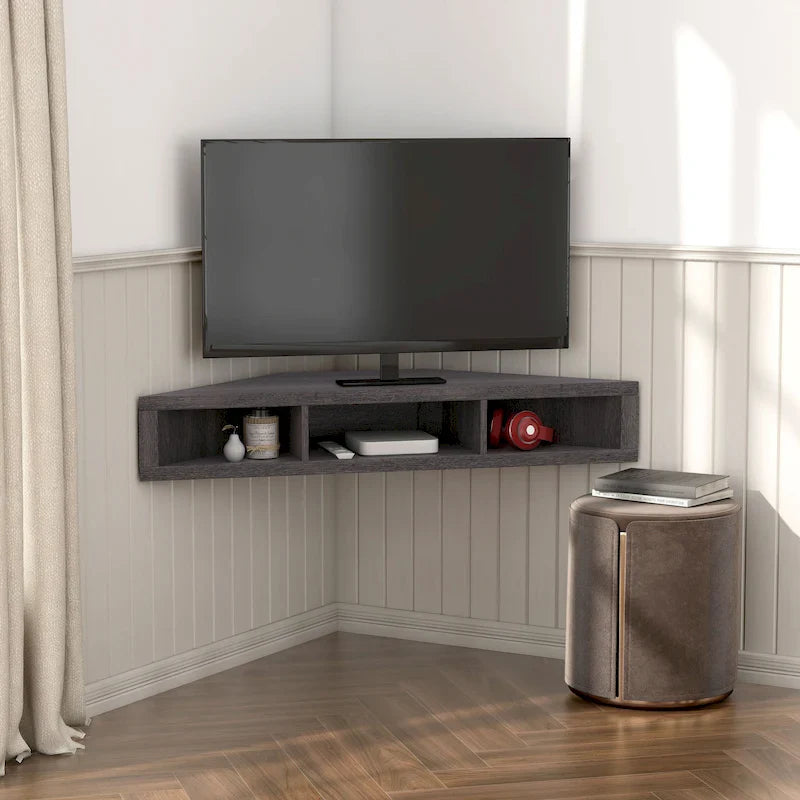 Meuble TV d’angle suspendu 47, 3 étagères, style transitionnel, fixation murale peu encombrante