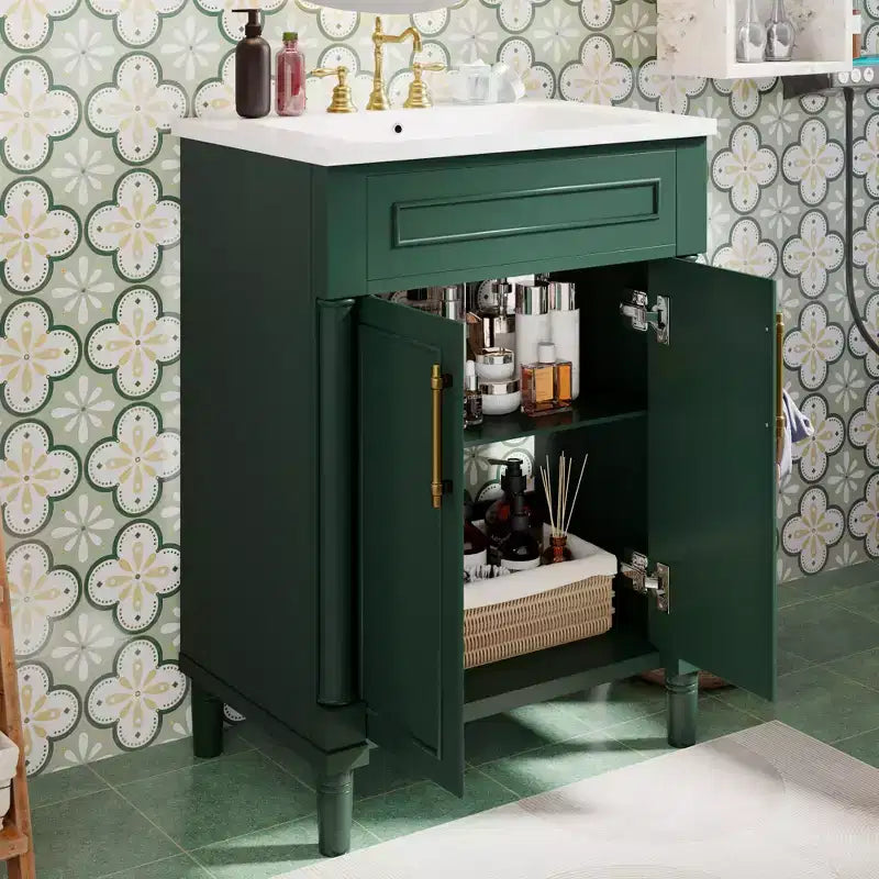 Badkamermeubel van 24 inch met keramische wastafel, Shaker-kast, 2 softclose-deuren en massief houten frame voor een kleine badkamer of toiletruimte