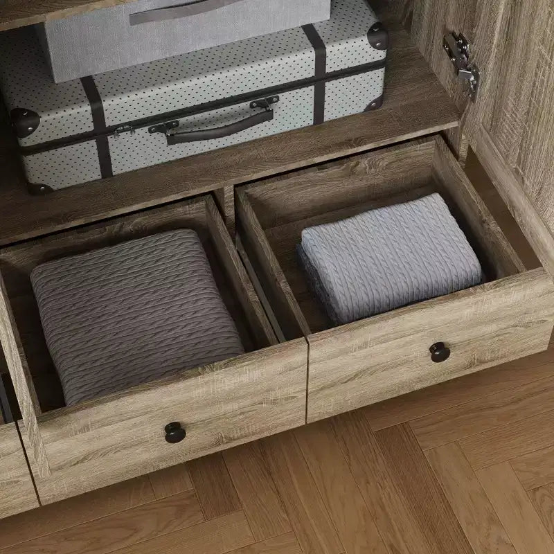 Armoire en rotin Famapy avec 3 tiroirs, placard à 3 portes en rotin respirant, grande armoire de rangement de style champêtre pour chambre