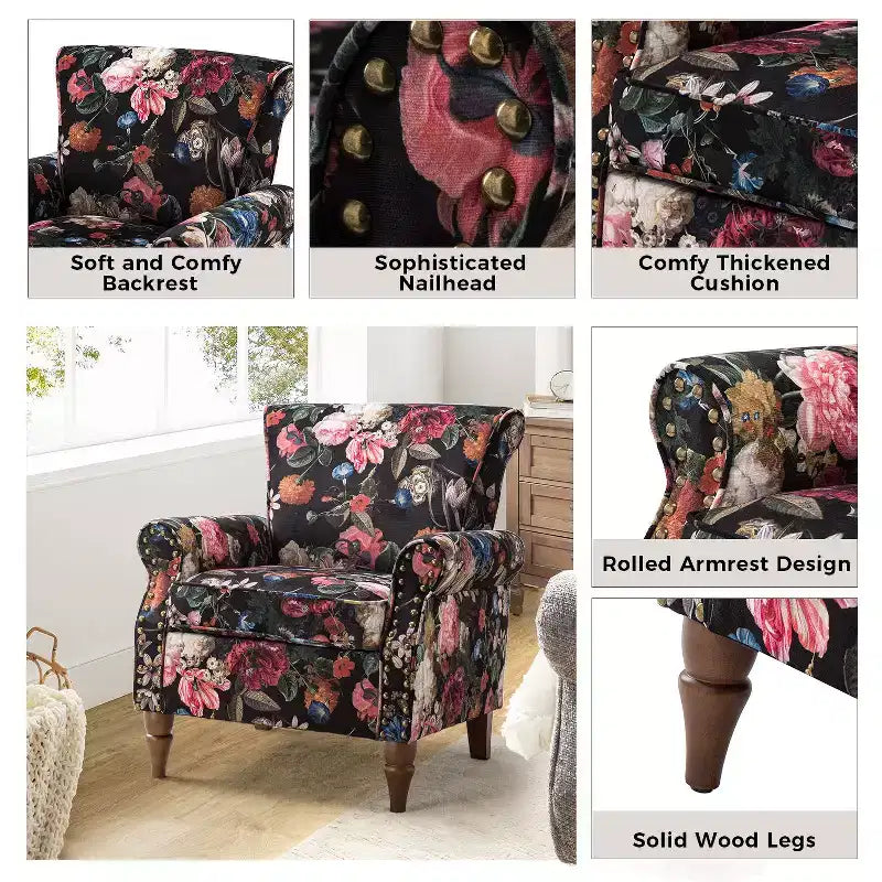Sillón floral tradicional Araceli con estructura de madera, tapizado, respaldo alto con alas y acabado de tachuelas| ART OF LIVING DESIGNS
