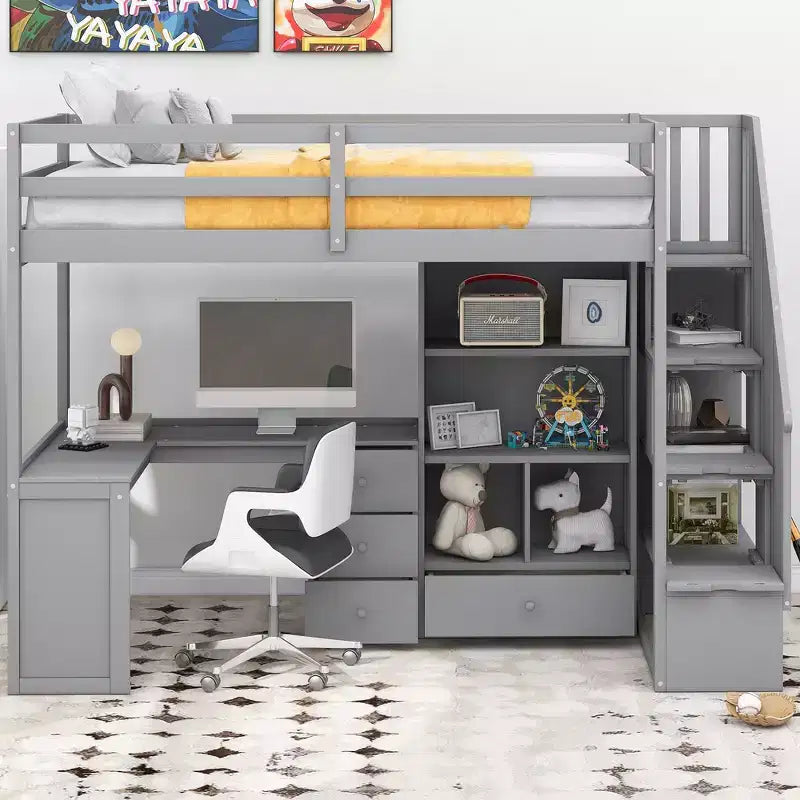 Hochbett in Twin-Größe mit L-förmigem Schreibtisch, 3 Schubladen, Schrank und Stauraum in der Treppe, Konstruktion aus massivem Kiefernholz/MDF