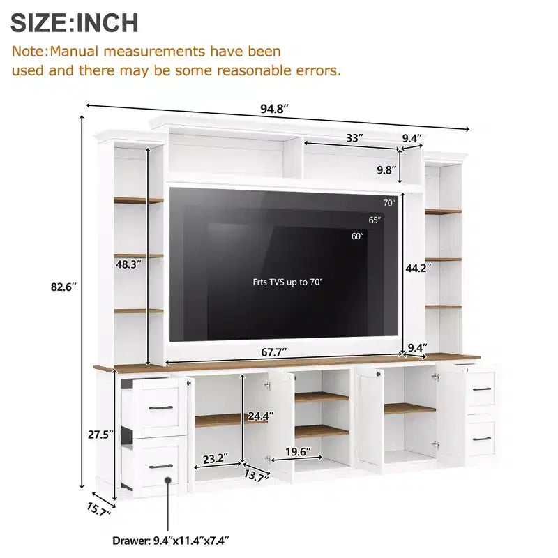 ModernLuxe 4-in-1-Farmhouse-Entertainment-Center als Wandeinheit, passend für Fernseher bis 70, TV-Ständer und Medienkonsole mit verstellbaren Regalen und Schubladen