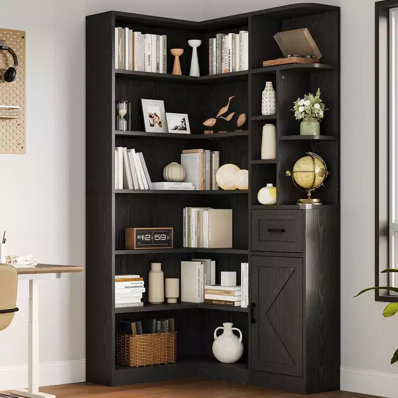 Bibliothèque d’angle, bibliothèque d’angle haute de 74, meuble bibliothèque en L à 6 niveaux avec étagères ouvertes et tiroirs de rangement pour le salon ou le bureau à domicile