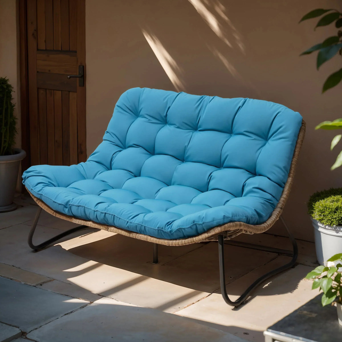 Minderli Çiftli Papasan Koltuk, İç ve Dış Mekân için Her Hava Koşuluna Uygun PE Rattan ve Metal Çerçeve